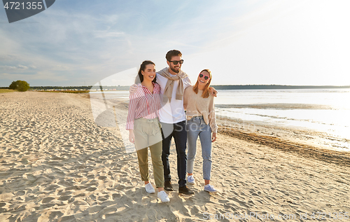 Image of happy friends walking along summer beach