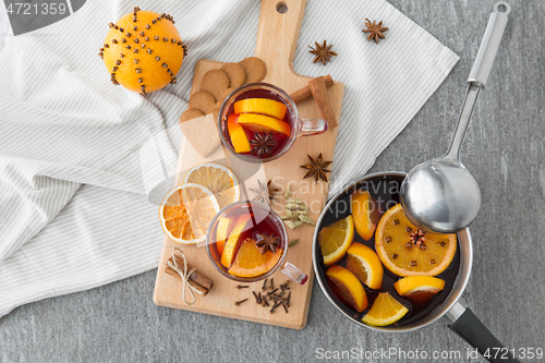 Image of pot with hot mulled wine, orange slices and spices