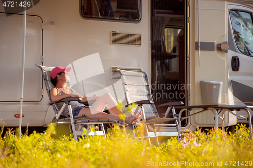 Image of Family vacation travel RV, holiday trip in motorhome