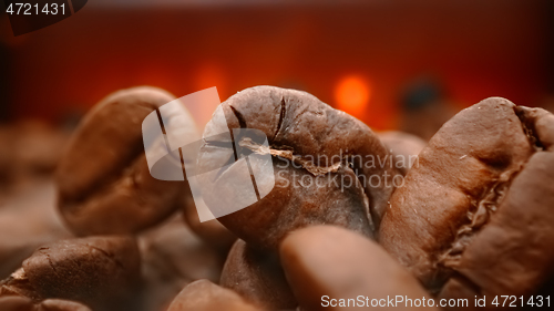 Image of Close up of seeds of coffee. Fragrant coffee beans are roasted s