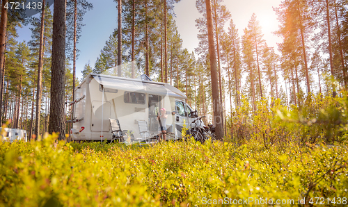 Image of Family vacation travel RV, holiday trip in motorhome