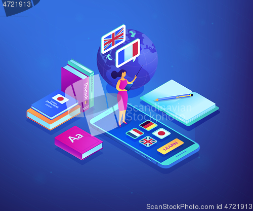 Image of Online language school isometric 3D concept illustration.