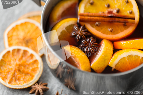 Image of pot with hot mulled wine, orange slices and spices