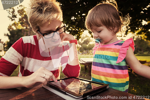 Image of mom and her little daughter using tablet computer