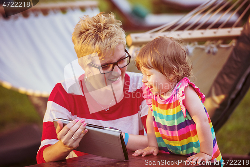 Image of mom and her little daughter using tablet computer