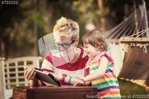 Image of mom and her little daughter using tablet computer