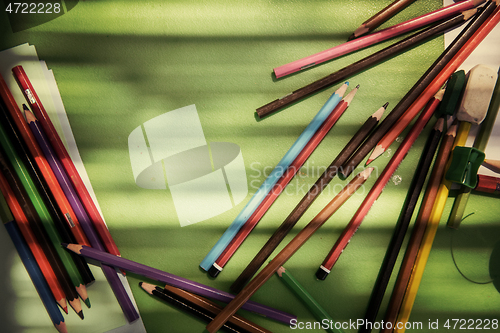 Image of top view of pencil crayons colorful drawing set