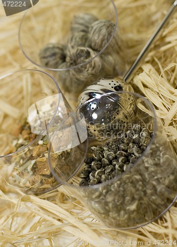 Image of tea-strainer and tree kinds of tea