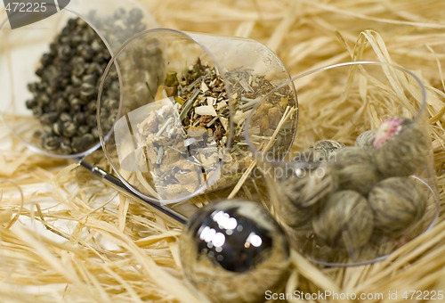 Image of  tea-strainer and tree kinds of tea