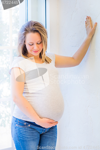 Image of Beautiful pregnant woman standing near window at home in light interior