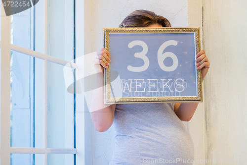 Image of 36 weeks of pregnancy sign in woman hands