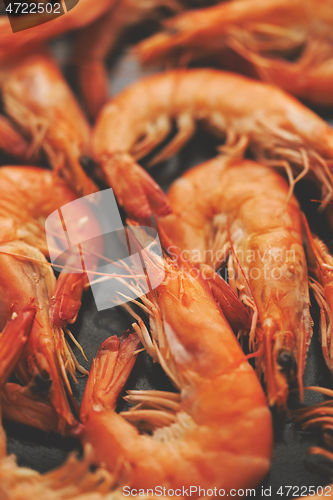 Image of Close up on boiled big sea prawns or shrimps placed on black ceramic plate