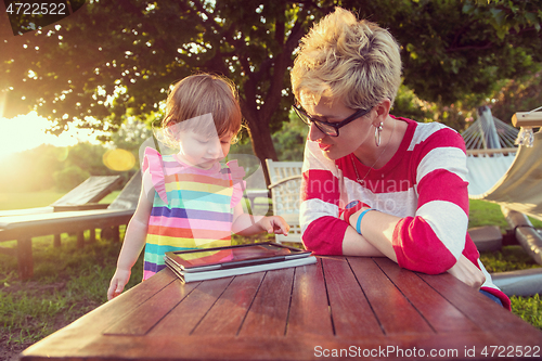 Image of mom and her little daughter using tablet computer