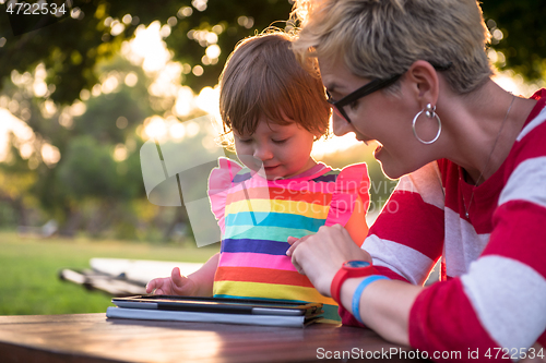 Image of mom and her little daughter using tablet computer