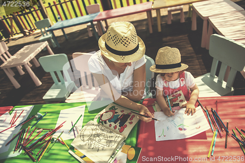 Image of mom and little daughter drawing a colorful pictures