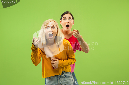 Image of Portrait of pretty girls isolated on green studio background