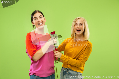 Image of Portrait of pretty girls isolated on green studio background