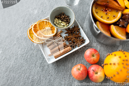 Image of pot of hot mulled wine, orange, apples and spices