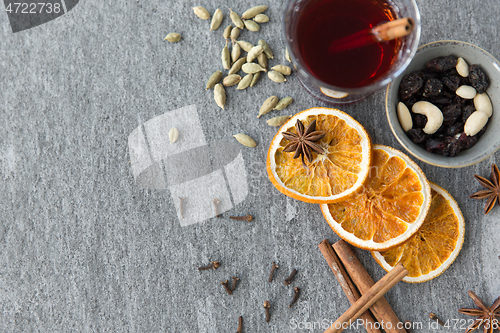 Image of hot mulled wine, orange slices, raisins and spices