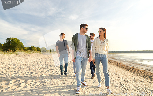 Image of happy friends walking along summer beach