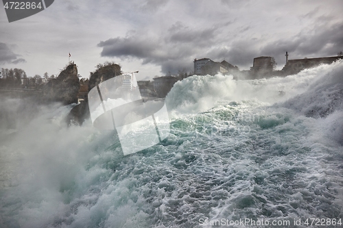 Image of Rhine Falls waterfall in Switzerland, powerful flow in slow motion