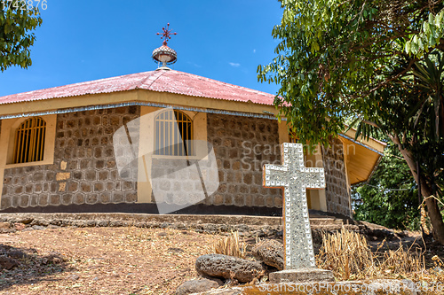 Image of religious christian cross behind monastery on Lake Tana, Ethiopia Africa