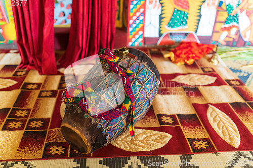 Image of religious drum inside in monastery on Lake Tana, Ethiopia Africa