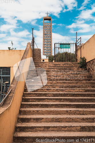 Image of stairs to museum of Christianity in Church of Our Lady St. Mary of Zion, the most sacred place for all Orthodox Ethiopians in Axum, Ethiopia.