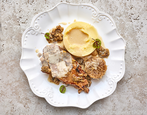 Image of portion of mashed potators and roasted pork