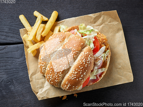 Image of fresh tasty burger and fried potatoes