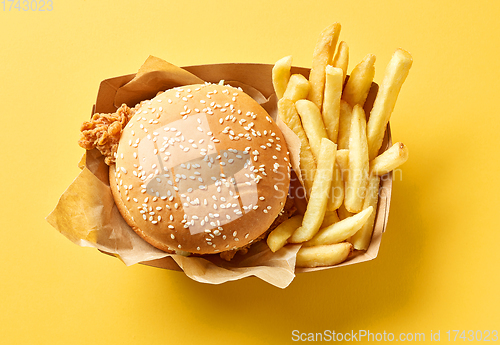 Image of fresh tasty burger and fried potatoes