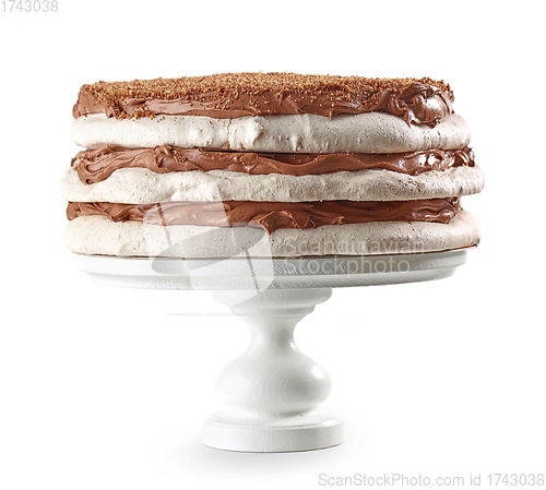 Image of homemade meringue and nut cake with chocolate cream