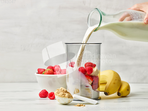 Image of fresh milk pouring into blender container