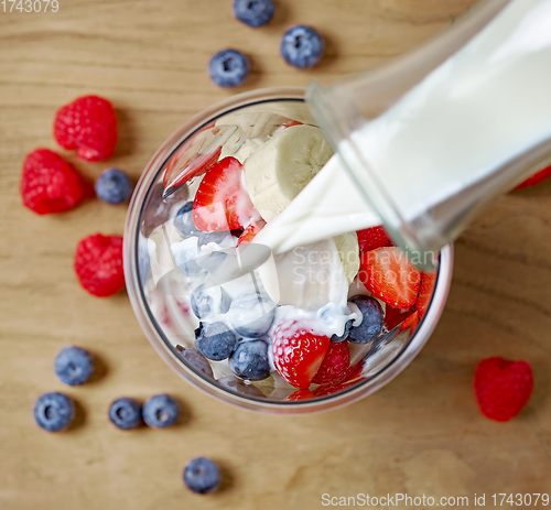 Image of milk pouring into glass of fruit