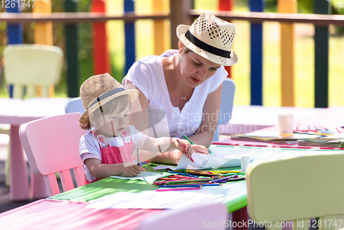 Image of mom and little daughter drawing a colorful pictures