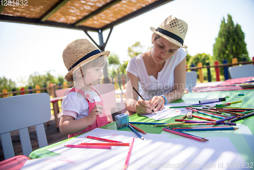 Image of mom and little daughter drawing a colorful pictures