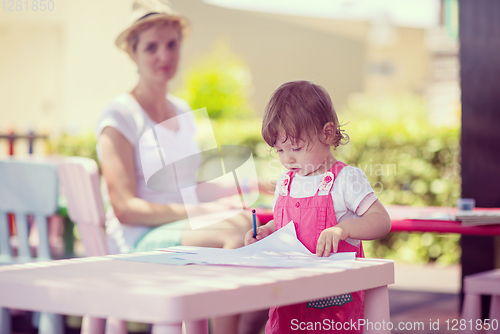 Image of mom and little daughter drawing a colorful pictures