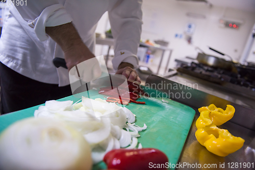 Image of Chef hands cutting fresh and delicious vegetables