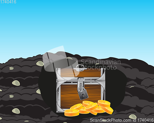 Image of Coffer with golden coin hidden in ground