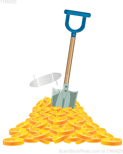 Image of Heap of the golden coins and tool shovel