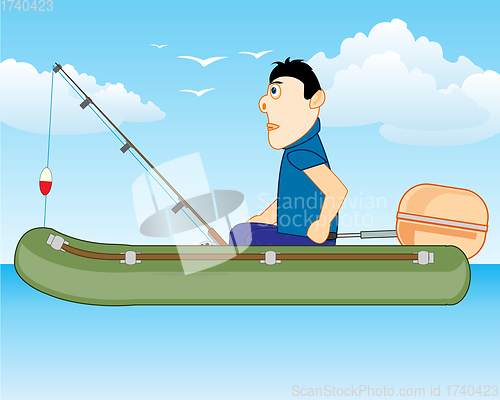 Image of Man fisherman on rubber boat with motor