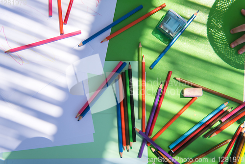 Image of top view of pencil crayons colorful drawing set