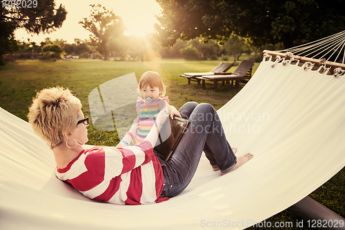 Image of mom and a little daughter relaxing in a hammock