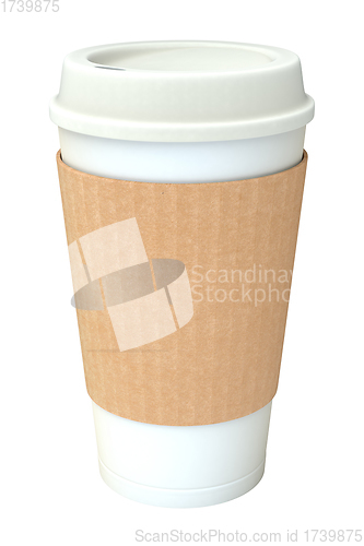 Image of Blank white takeaway coffee cup with cover and sleeve isolated on white background