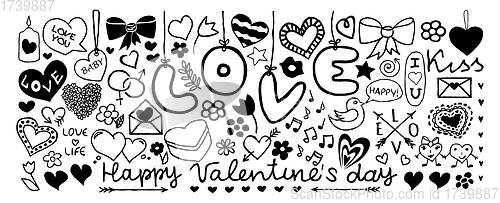 Image of Doodle banner with hearts isolated on white background