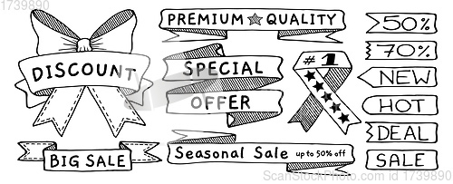 Image of Doodle banners, flags, ribbons and tags set, hand drawn with thin line