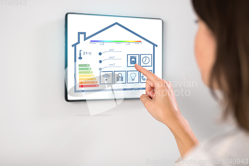 Image of woman using tablet computer at smart home