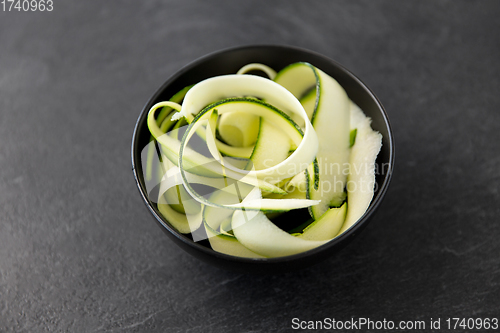 Image of peeled or sliced zucchini in ceramic bowl