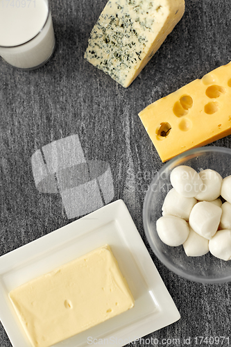 Image of different kinds of cheese, milk glass and butter