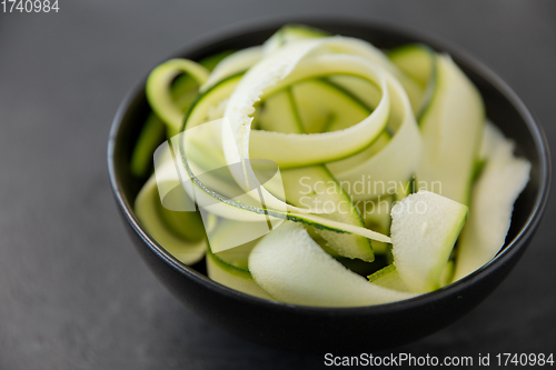 Image of peeled or sliced zucchini in ceramic bowl